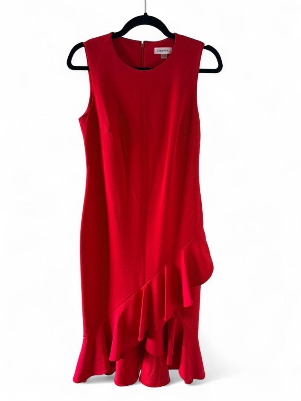 Calvin Klein Sleeveless Red Asymmetrical Ruffle Midi Dress